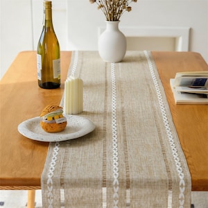 Puede incluir: Camino de mesa beige con detalles bordados blancos y rayas verticales, colocado sobre una mesa de madera. Una botella de vino, una vela, un plato con un pastel y un jarrón con flores secas están sobre la mesa.