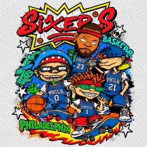 Puede incluir: Una ilustraci&oacute;n gr&aacute;fica con el texto SIXER'S y PHILADELPHIA que muestra cuatro personajes de dibujos animados con camisetas de baloncesto azules numeradas 0, 1, 21 y 23. El dise&ntilde;o incluye balones, monopatines y estrellas.