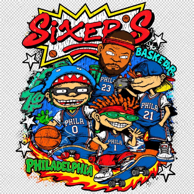 Puede incluir: Una ilustraci&oacute;n gr&aacute;fica con el texto SIXER'S y PHILADELPHIA que muestra cuatro personajes de dibujos animados con camisetas de baloncesto azules numeradas 0, 1, 21 y 23. El dise&ntilde;o incluye balones, monopatines y estrellas.