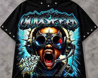 May include: A black short-sleeve t-shirt with silver studs on the collar and sleeves. The graphic features a person wearing spiked goggles and headphones, with the text GODSPEED and NEVER RUNS OUT in a bright blue and yellow stylized font.