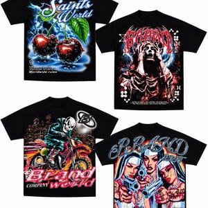 May include: Four black short-sleeve t-shirts featuring graphic prints. One shows cherries with lightning and text Saints World, another a figure with red text BRAND, one a skeleton on a dirt bike, and one three figures holding guns with text.