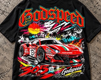 May include: A black short-sleeve t-shirt featuring a large graphic print of a red sports car with the number 13. The design includes the text Godspeed in a bold red font, a sunset, palm trees, flames, and the number 305 in red.