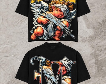 May include: A black short-sleeve t-shirt featuring a graphic of a winged cherub with a blindfold holding a rifle. The text "MONEYRACE" and "MEMBER ONLY" appear above. The back displays a large letter "M" containing a partial view of the same graphic.