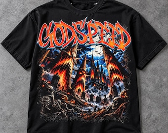 May include: A black short-sleeve t-shirt featuring the text GODSPEED in orange and red lettering above a graphic illustration of a dark castle, skeletons, pumpkins, and a full moon in a night sky with bats and a cemetery.