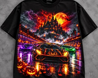 May include: A black t-shirt featuring a vibrant graphic print of a dark castle under a large orange moon, with several sports cars racing on a track lined with glowing jack-o'-lanterns, bats, and colorful neon lights in the night sky.