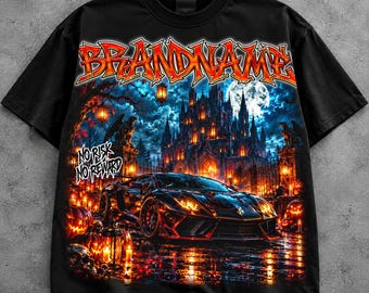 May include: A black t-shirt featuring a graphic print of a sports car parked in front of a gothic castle at night. The design includes orange pumpkins, glowing lanterns, a full moon, and the text "BRANDNAME" and "NO RISK NO REWARD" in a stylized font.