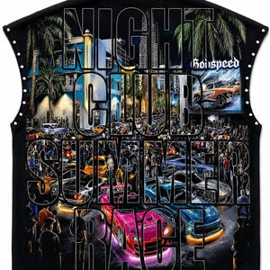 May include: A black sleeveless shirt featuring a graphic print of a nighttime street race scene with cars, palm trees, and buildings. The text NIGHT CLUB SUMMER RACE is printed in large white letters over the image, with small silver studs along the collar and arm openings.