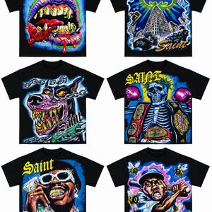 May include: A collection of six black short-sleeve t-shirts featuring airbrushed-style graphic prints. Designs include a mouth with gold teeth, a city skyline with a bat symbol, a snarling dog, a skeleton boxer, a person with cash, and a baseball player.