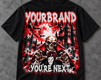 May include: A black t-shirt featuring a graphic print of a skull wearing a tuxedo and cape, positioned in front of a gothic castle and a large red moon. The text "YOURBRAND" appears at the top and "YOU'RE NEXT" at the bottom in white.