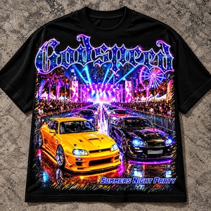 May include: A black short-sleeve t-shirt featuring a graphic print of a yellow and a black sports car at a night street race. The text "Godspeed" appears in blue at the top, and "Summers Night Party" is printed in blue at the bottom.