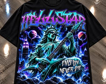 May include: A black short-sleeve t-shirt featuring a graphic print of the Statue of Liberty playing an electric guitar. The design includes the text HELLSTAR and EMOTION NEVER DIE, set against a backdrop of a city skyline, planets, and lightning.
