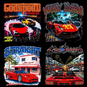 Op de afbeelding: Een verzameling van vier grafische prints met rode sportwagens. Links bovenaan een driftende rode auto met de tekst GODSPEED RACING CLUB. Rechts bovenaan een rode auto met nummer 33 en de tekst VALLEY DREAMS. Linksonder een rode auto bij een gebouw met de tekst STRAIGHT. Rechtsonder een rode auto met de tekst GodSpeed.