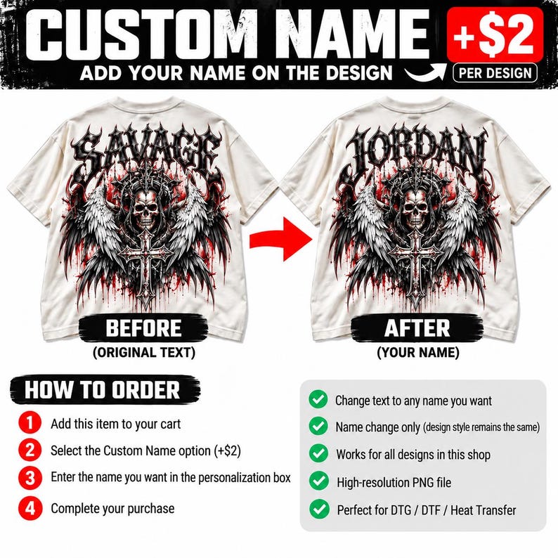 Puede incluir: Una camiseta beige con un gr&aacute;fico de una calavera con alas y una cruz, con el texto SAVAGE o un nombre personalizado encima. El dise&ntilde;o incluye detalles en rojo y negro. La imagen muestra una comparaci&oacute;n antes y despu&eacute;s de la personalizaci&oacute;n.
