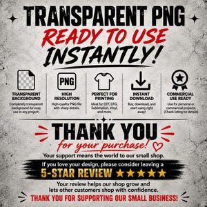 Puede incluir: Un gr&aacute;fico digital con el texto TRANSPARENT PNG READY TO USE INSTANTLY. Los iconos representan fondo transparente, alta resoluci&oacute;n, impresi&oacute;n, descarga y uso comercial. Incluye THANK YOU FOR YOUR PURCHASE y una solicitud de rese&ntilde;a de 5 estrellas.