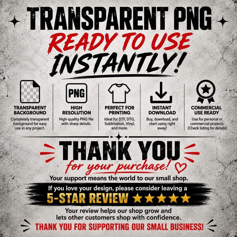Puede incluir: Un gr&aacute;fico digital con el texto TRANSPARENT PNG READY TO USE INSTANTLY. Los iconos representan fondo transparente, alta resoluci&oacute;n, impresi&oacute;n, descarga y uso comercial. Incluye THANK YOU FOR YOUR PURCHASE y una solicitud de rese&ntilde;a de 5 estrellas.