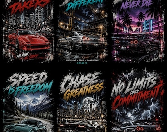 May include: A collection of six posters featuring sports cars in various settings with bold text overlays including Risk Takers, Built Different, Legends Never Die, Speed Is Freedom, Chase Greatness, and No Limits Only Commitment in a gritty style.