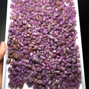 Puede incluir: Una bandeja llena de numerosas piedras preciosas de rubí en bruto. Las piedras preciosas son principalmente de un color rojo rosado intenso, algunas muestran tonos más oscuros, parduzcos. Las piedras varían en tamaño y forma, creando una apariencia texturizada.