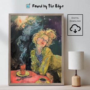 May include: A framed art print depicting a woman in a yellow jacket, gazing upwards. The artwork has a vintage aesthetic, featuring a red table, coffee cups, and the text "Found by the Edge". A "Digital Download" icon is also visible.