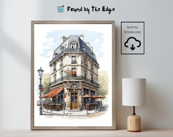 Aquarelprint Paris Cafe: Franse bistrokunst aan de muur (digitale download) - 00110