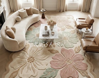 Elegant Pastel Garden Tufted Wool Carpet | Designer Scallop Border Botanical Rug, Artisan Wool Blossom Rug, Bedroom, Living Room & Dining