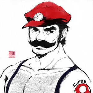 May include: A black and white illustration of a man with a red cap and moustache. The cap has a white "M" on it. The man has a tattoo of a red mushroom with the word "SUPER" above it on his right arm.