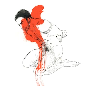 May include: A black and white ink drawing of a nude male figure with red brushstrokes in the background. The figure is bound with rope and has a distressed expression.