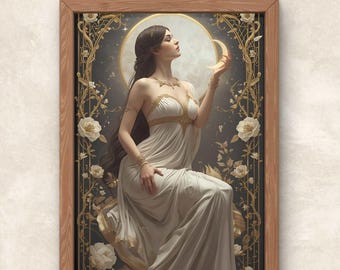 Impresión Art Nouveau de Selene: Póster vintage de la diosa griega de la luna (descarga digital PNG)