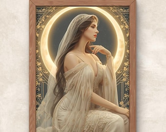 Impresión Art Nouveau de Selene: Diosa griega de la Luna (Descarga digital PNG)