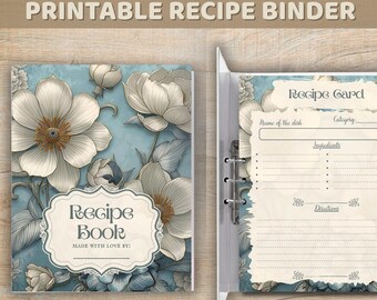 Druckbares Rezeptbuch, Trennblätter & Cover: Blaues Blumenküche Kochbuch Familienerbstück PDF Digitaler Download