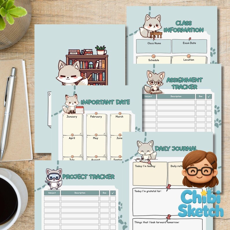 Kawaii Printable ADHD Student Planner Bundle: Blue Grey Fox Academic ...