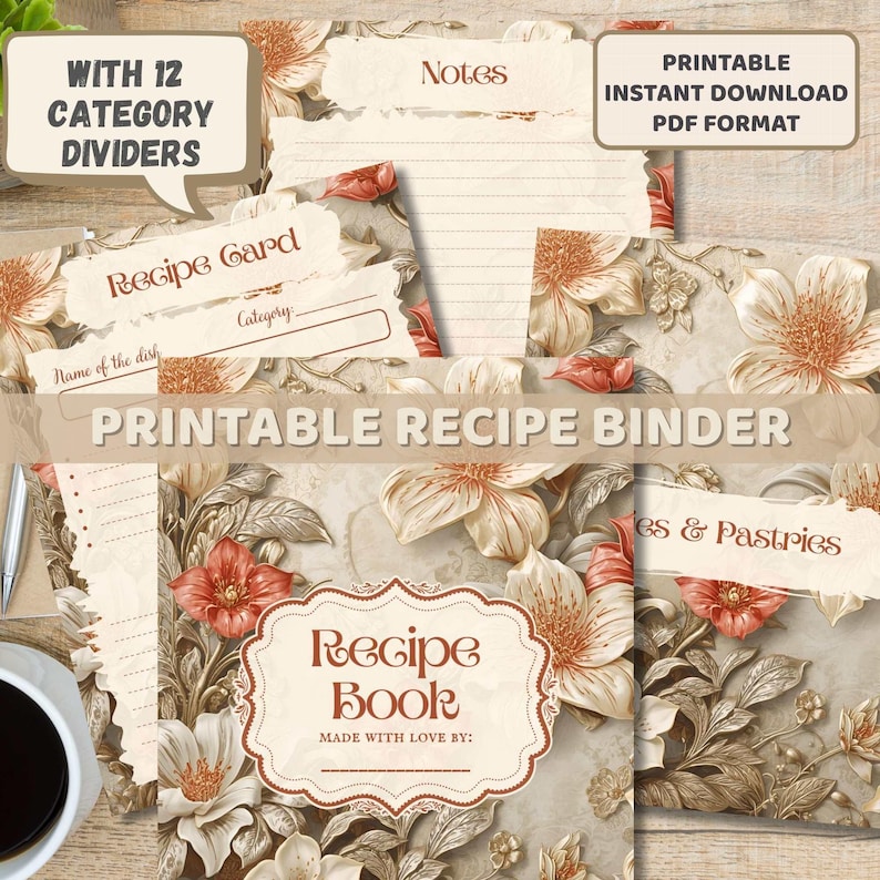 Printable Recipe Binder Dividers Bundle: Orange Floral Kitchen Cookbook ...