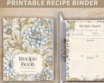 Druckbares Rezeptbuch, Trennblätter & Cover: Blaues Blumenküche Kochbuch Familienerbstück PDF Digitaler Download
