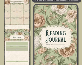 Diario de lectura imprimible: Rastreador de lectura victoriano floral, plantilla de reseña (35 páginas) (Descarga digital)