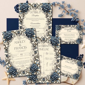 Può includere: Invito di nozze con un design floreale blu e crema. Il set include un invito, una scheda dettagli, una scheda alloggio, una scheda codice di abbigliamento e una scheda cronologia del matrimonio. Testo: Ashley & Francis.