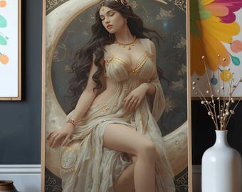 Póster Art Nouveau de la Diosa de la Luna, arte mural mítico (descarga digital)