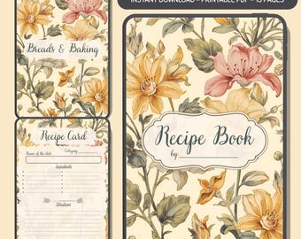 May include: A recipe book bundle with a floral design. The cover features a cream background with yellow and pink flowers and green leaves. The text "Recipe Book" is displayed on the cover. The bundle includes a recipe card and a "Breads & Baking" section.