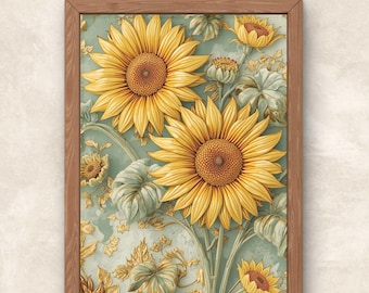 Vintage Sunflower Botanical Art Print: Baroque Cottagecore Decor (Digital PNG)