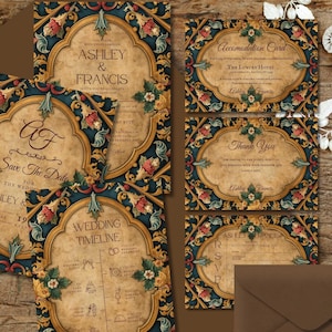 Könnte beinhalten: Eine Sammlung von Hochzeitspapeterie mit einem verzierten Design. Das Set umfasst Einladungen, eine Unterbringungskarte, eine Dankeskarte und eine RSVP-Karte. Das Design zeigt einen dunkelblauen Hintergrund mit goldenen Rahmen und floralen Akzenten. Der Text enthält die Namen "Ashley & Francis".