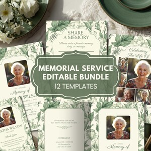 Może przedstawiać: Zestaw szablonów usług żałobnych z motywami kwiatowymi i zdjęciami. Szablony zawierają tekst, taki jak "Memorial Service Editable Bundle" i "Celebrating the Life Of". Projekt wykorzystuje kolory zielony i biały.