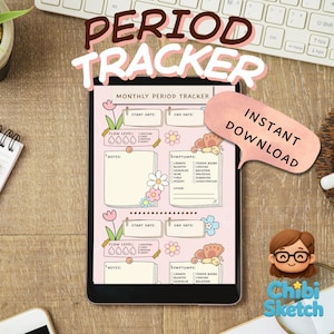 Może przedstawiać: Cyfrowy tracker okresu wyświetlany na tablecie. Różowy design zawiera sekcje na daty rozpoczęcia i zakończenia, poziom krwawienia, notatki i objawy. Widoczny jest również tekst "PERIOD TRACKER" i "INSTANT DOWNLOAD".