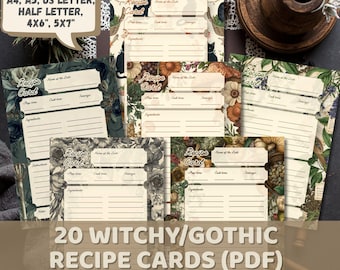 Witchy Rezeptkarten, Gothic Dark Moody Kochbuch Briefpapier, Vintage Cottagecore PDF Download