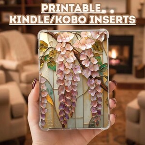 May include: Clear Kindle/Kobo insert with a floral design. The insert features a stained-glass style with pink and purple wisteria flowers, green leaves, and brown branches. The text "PRINTABLE. KINDLE/KOBO INSERTS" is at the top.