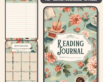 Diario de lectura floral imprimible: Registro de reseñas de libros, regalo para amantes de la lectura (Planificador PDF)