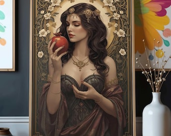 May include: A framed art print featuring a woman holding a red pomegranate. The woman is adorned with gold jewelry and a dark corset. The artwork has a vintage style with floral and geometric patterns in a gold frame.
