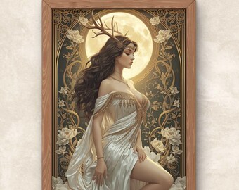 Impresión Art Nouveau de Artemisa: Póster de la mitología griega (Descarga digital PNG)