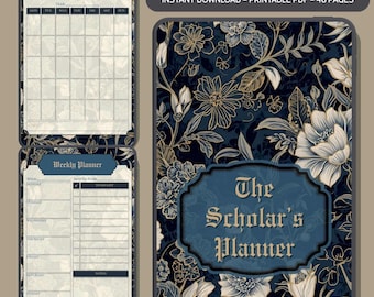 Zestaw wkładek do planera ucznia Dark Academia do druku: Gothic Blue Damask (PDF)