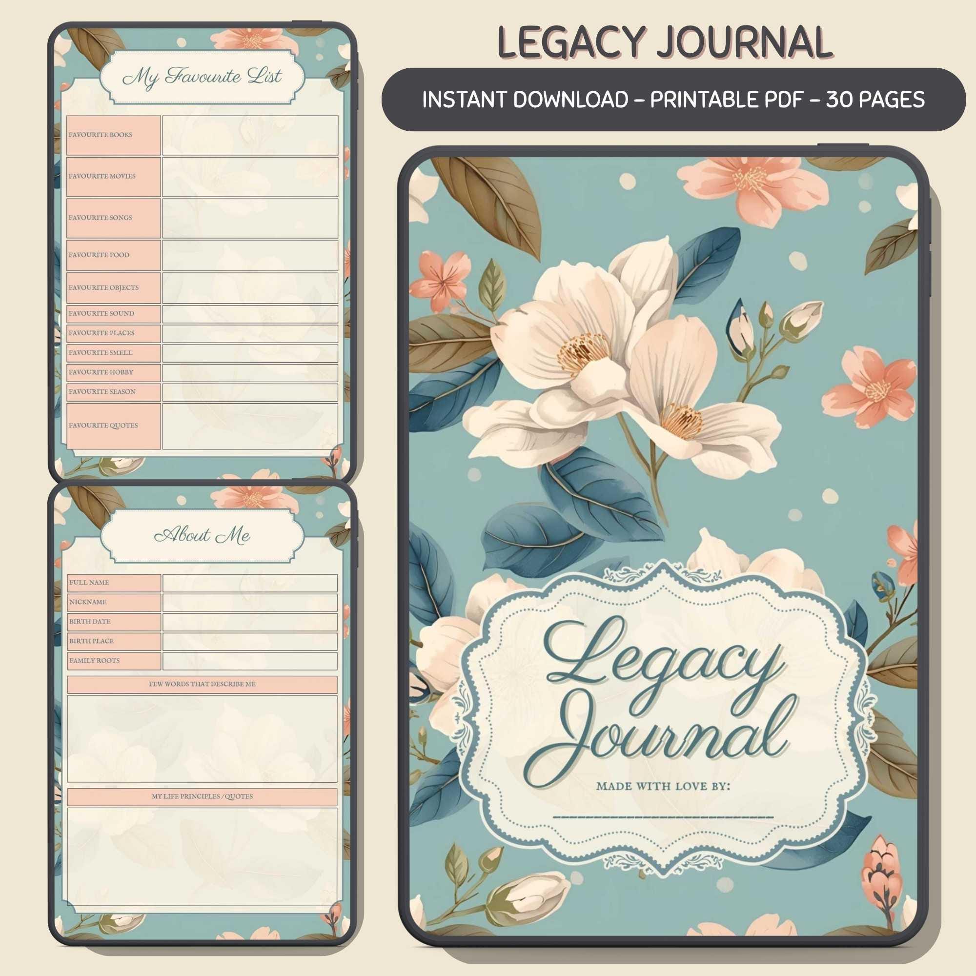 Journal Family Design Printable Family Legacy Journal: Memory Keepsake, Tell Me Your Life ...