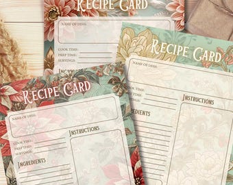 Könnte beinhalten: Eine Sammlung von Rezeptkarten mit floralen Designs in Rot-, Rosa- und Grüntönen. Jede Karte trägt oben die Aufschrift "RECIPE CARD" und bietet Platz für Gerichtname, Kochzeit, Zubereitungszeit, Portionen, Zutaten und Anweisungen.