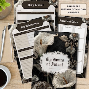 Peut inclure: Ensemble de pages de journal imprimables avec des motifs floraux et botaniques. Les pages comprennent des sections pour le journal quotidien, les informations personnelles et les dates importantes. Le texte comprend "Daily Journal", "My Information" et "My Hours of Intent".