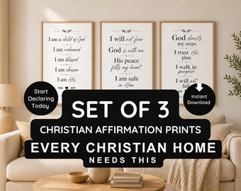 Set of 3 Christian Affirmation Prints, Bible Verse Declarations, Faith Quotes Decor (Instant Download)